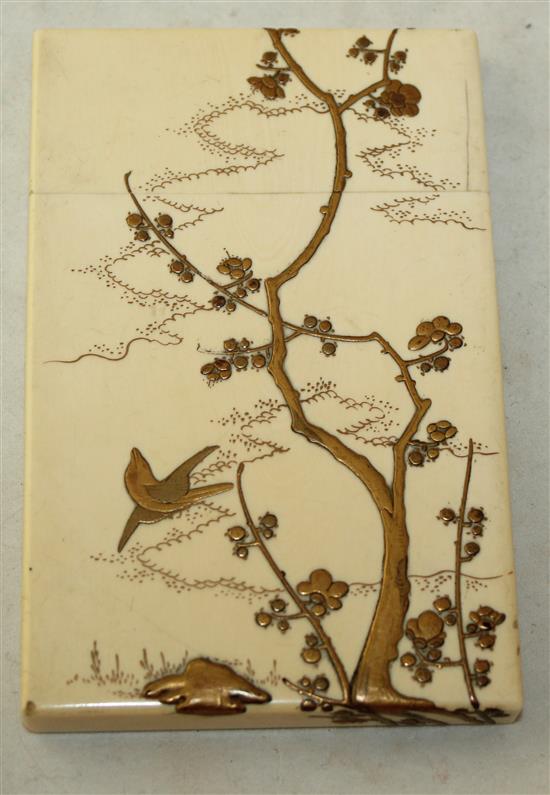 A Japanese ivory and gilt lacquer card case, Meiji period, 11cm, age cracks